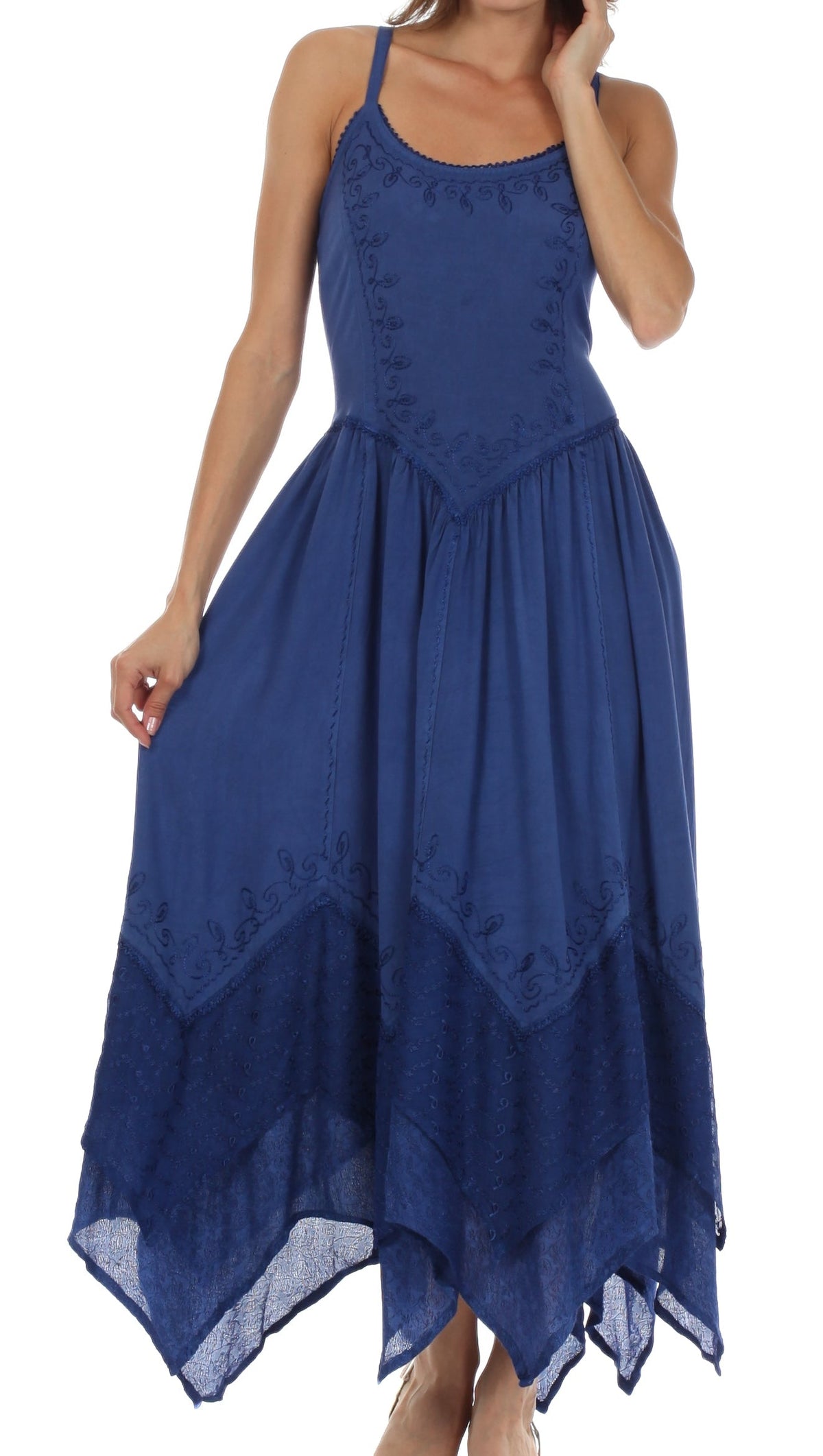 Blue long spaghetti-strap dress with embroidered bib and tiered uneven hem
