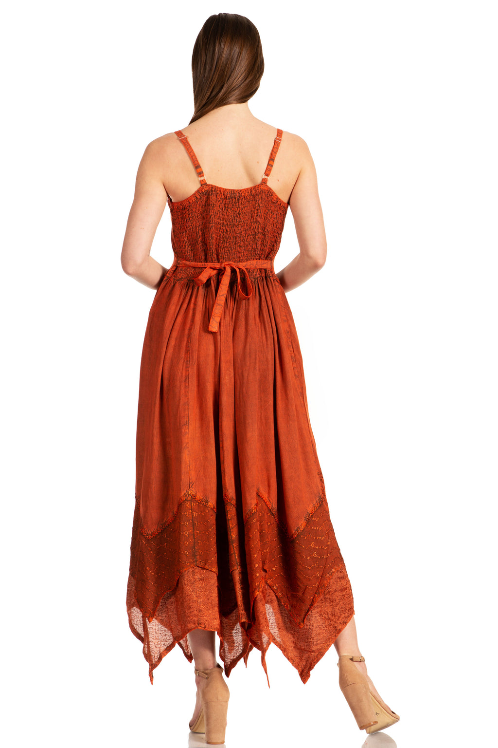 Rust orange long dress back view with crisscross straps and gathered waist