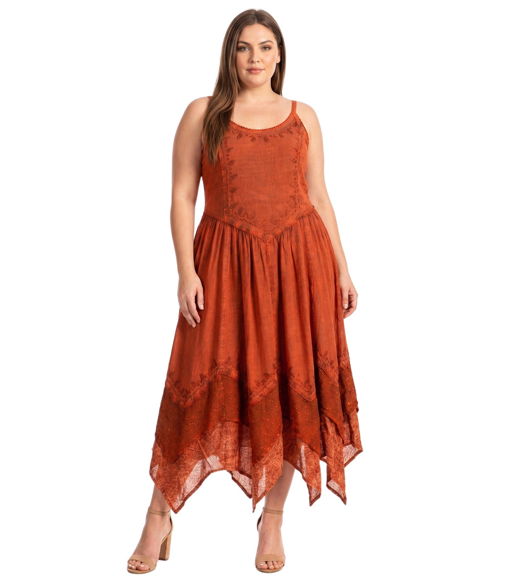 Rust orange long dress with embroidered yoke and asymmetrical tiered hem