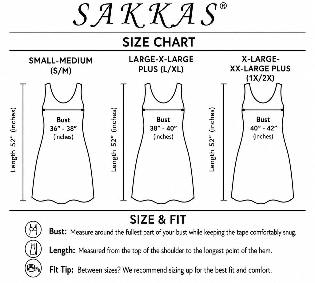 SAKKAS® dress size chart with bust and length measurement guide