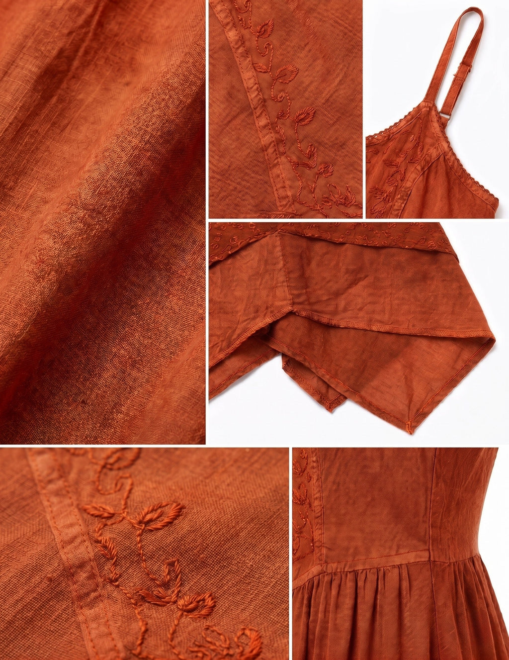 Close-up of rust orange embroidered texture and tiered skirt panels