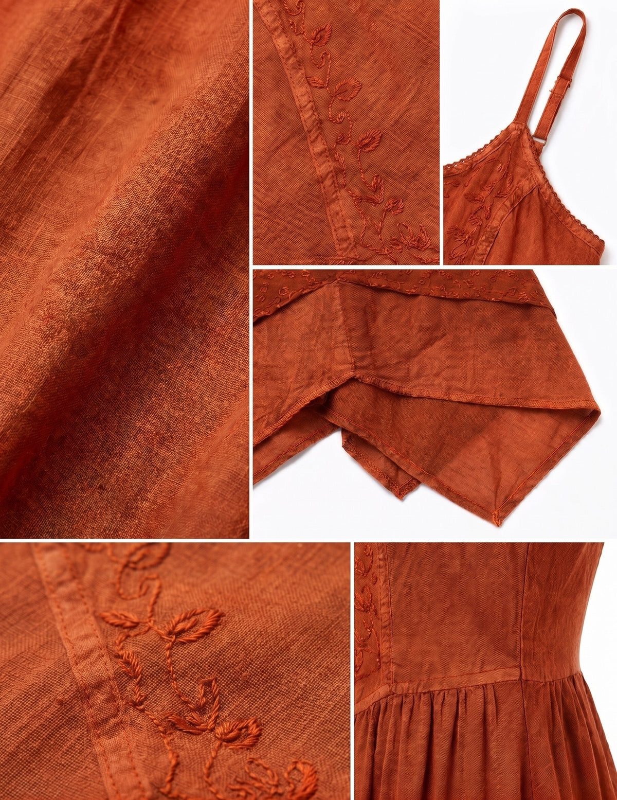 Close-up of rust orange embroidered texture and tiered skirt panels