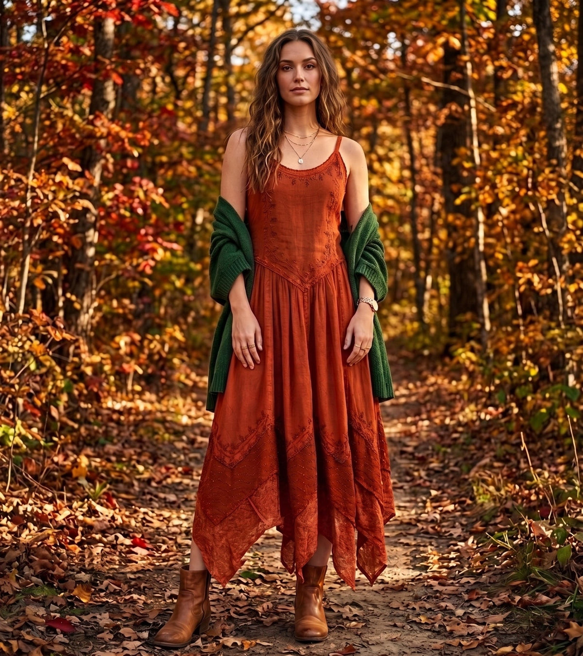 Rust orange long spaghetti-strap dress with embroidered details and asymmetrical tiers