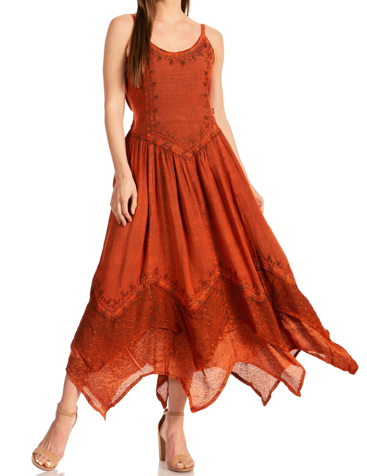 Rust orange long dress with spaghetti straps, embroidered bodice, and tiered skirt