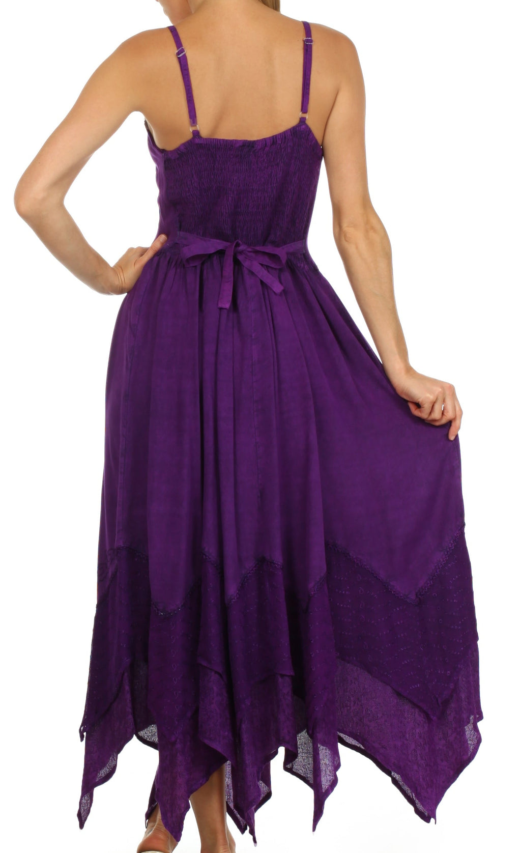 Purple long dress with adjustable spaghetti straps and tie waist, tiered asymmetrical hem