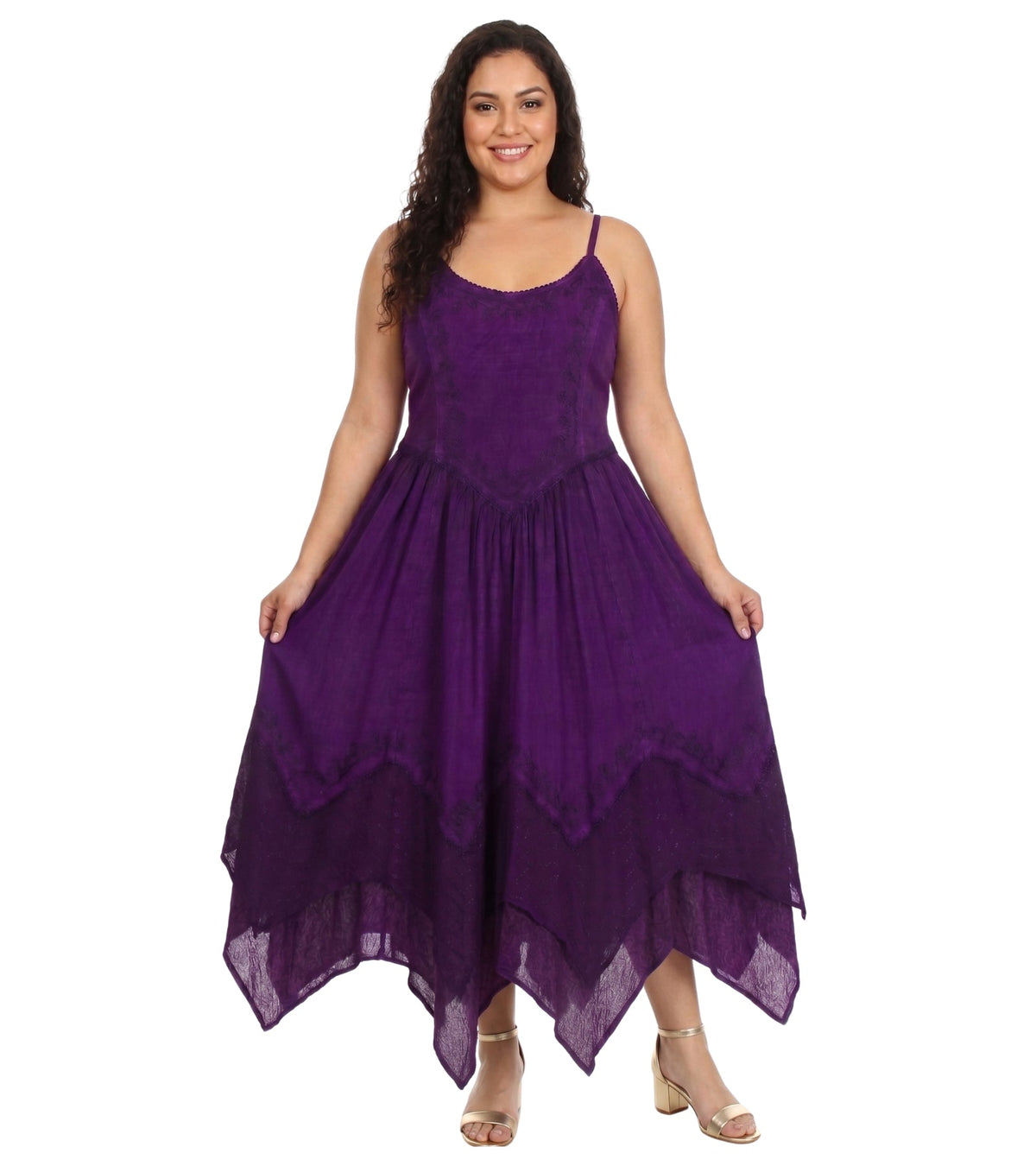 Purple long dress with embroidered bodice, gathered waist, and uneven lace-trim hem