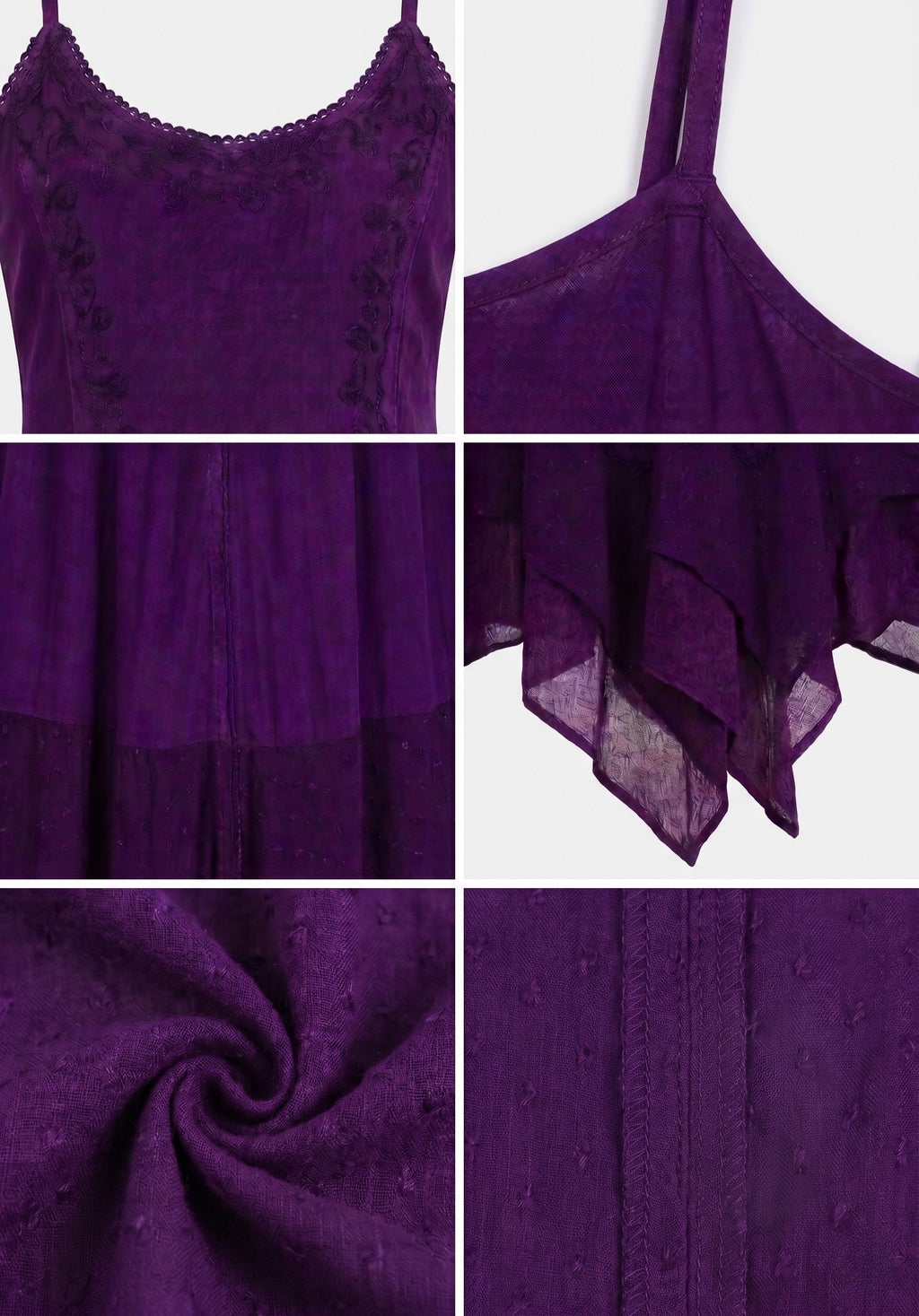 Close-up of purple dress fabric with embroidered neckline and gathered skirt detail