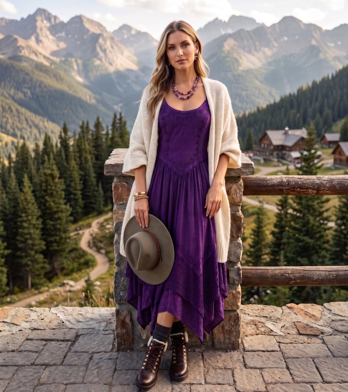 Purple long dress with adjustable straps and tiered hem, worn with boots and hat