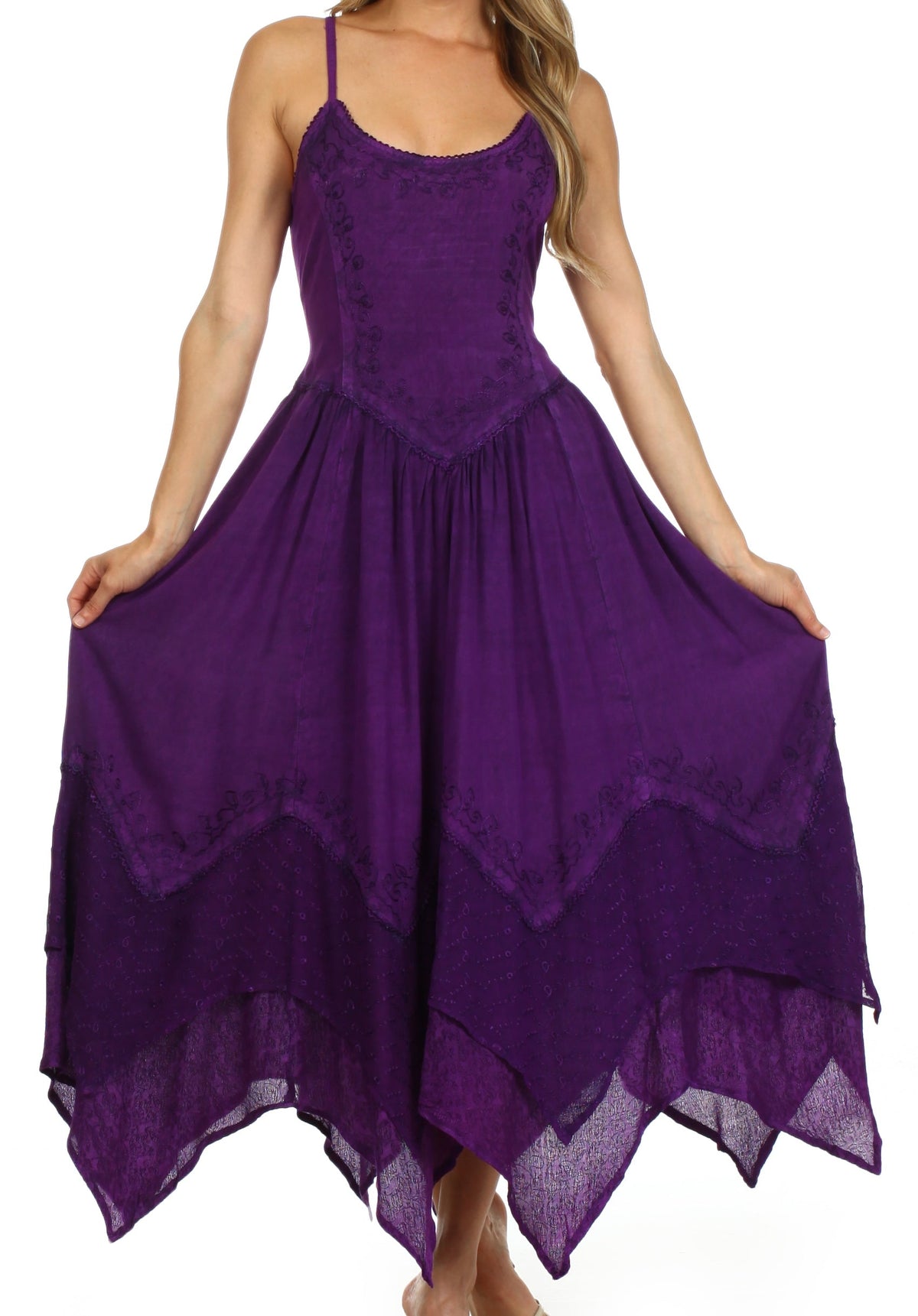 Purple rayon long dress with embroidered yoke, adjustable spaghetti straps, flowy skirt