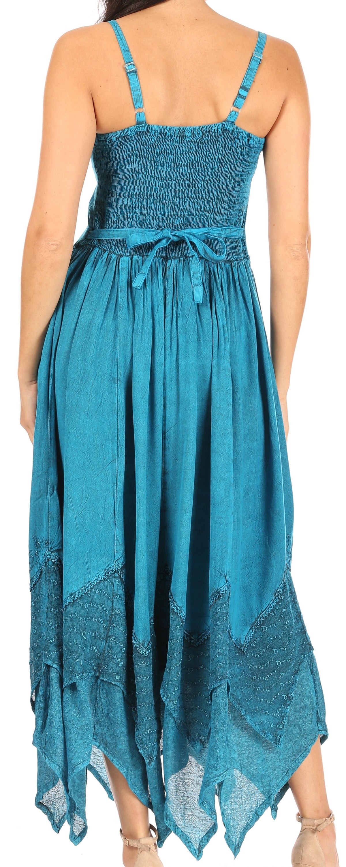 Turquoise long dress back with adjustable spaghetti straps and embroidered bodice