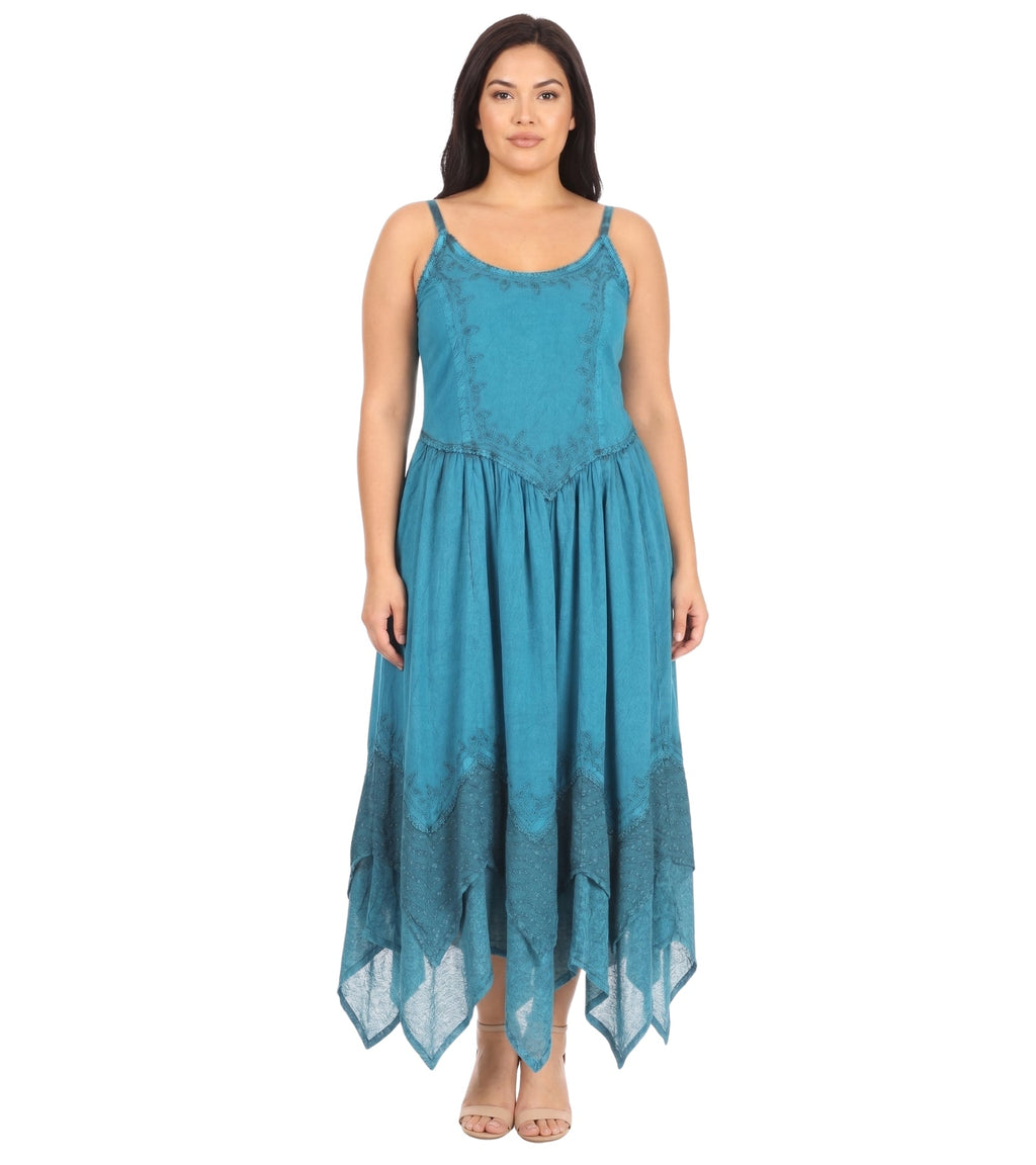 Turquoise long dress with spaghetti straps, embroidered bodice, and layered uneven hem