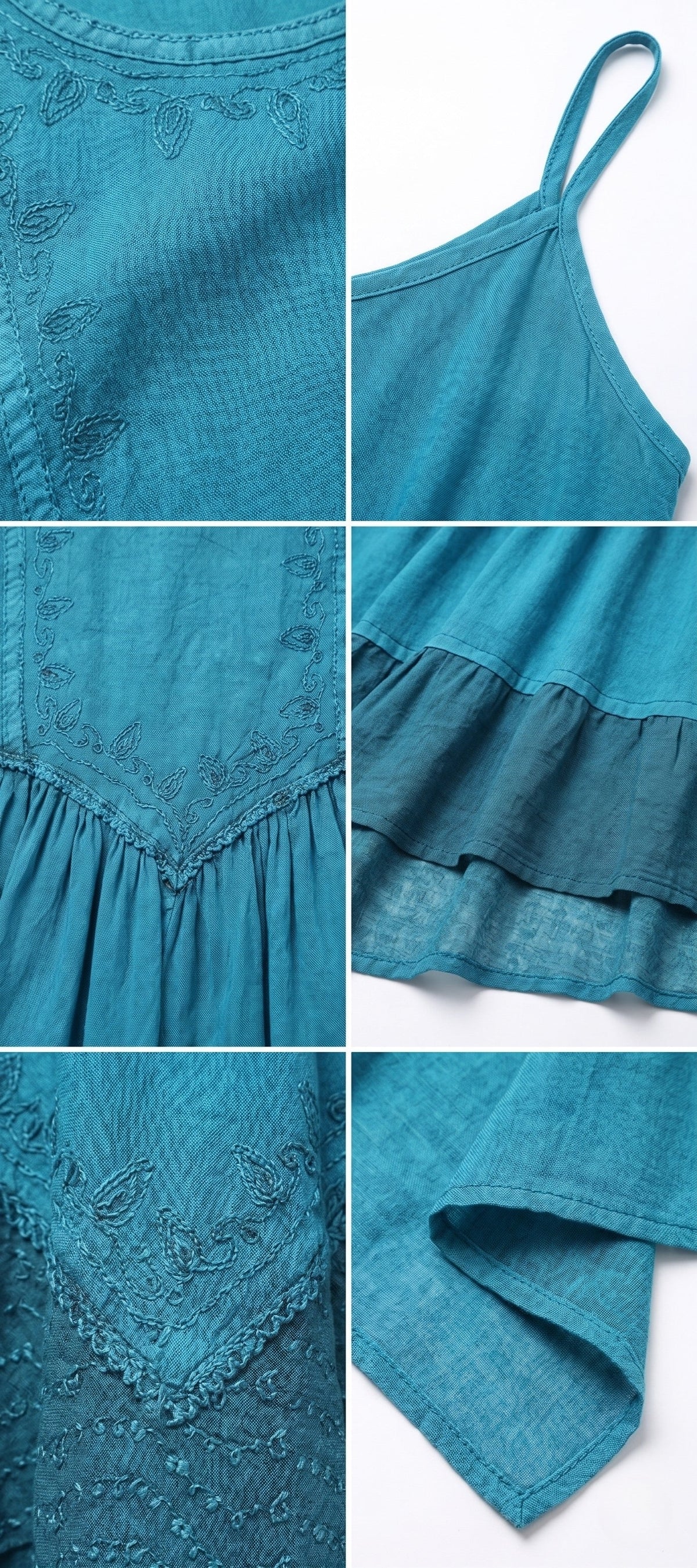 Turquoise embroidered dress fabric detail with gathered waist and tiered hem