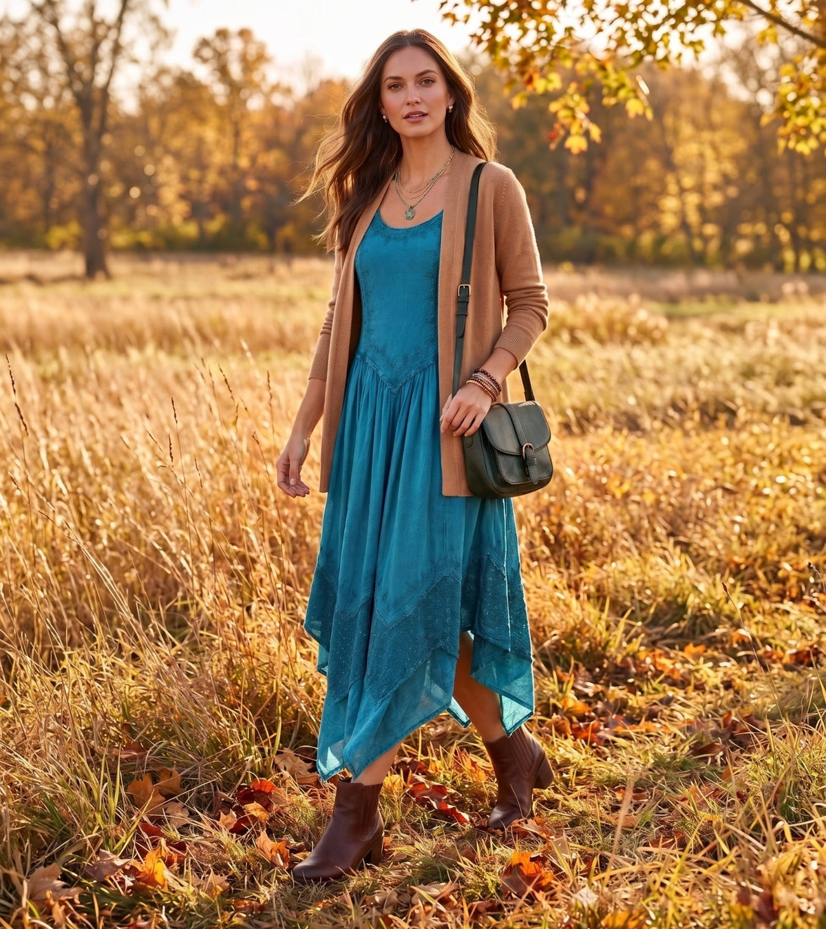 Turquoise long spaghetti-strap dress with embroidered bodice and layered asym hem
