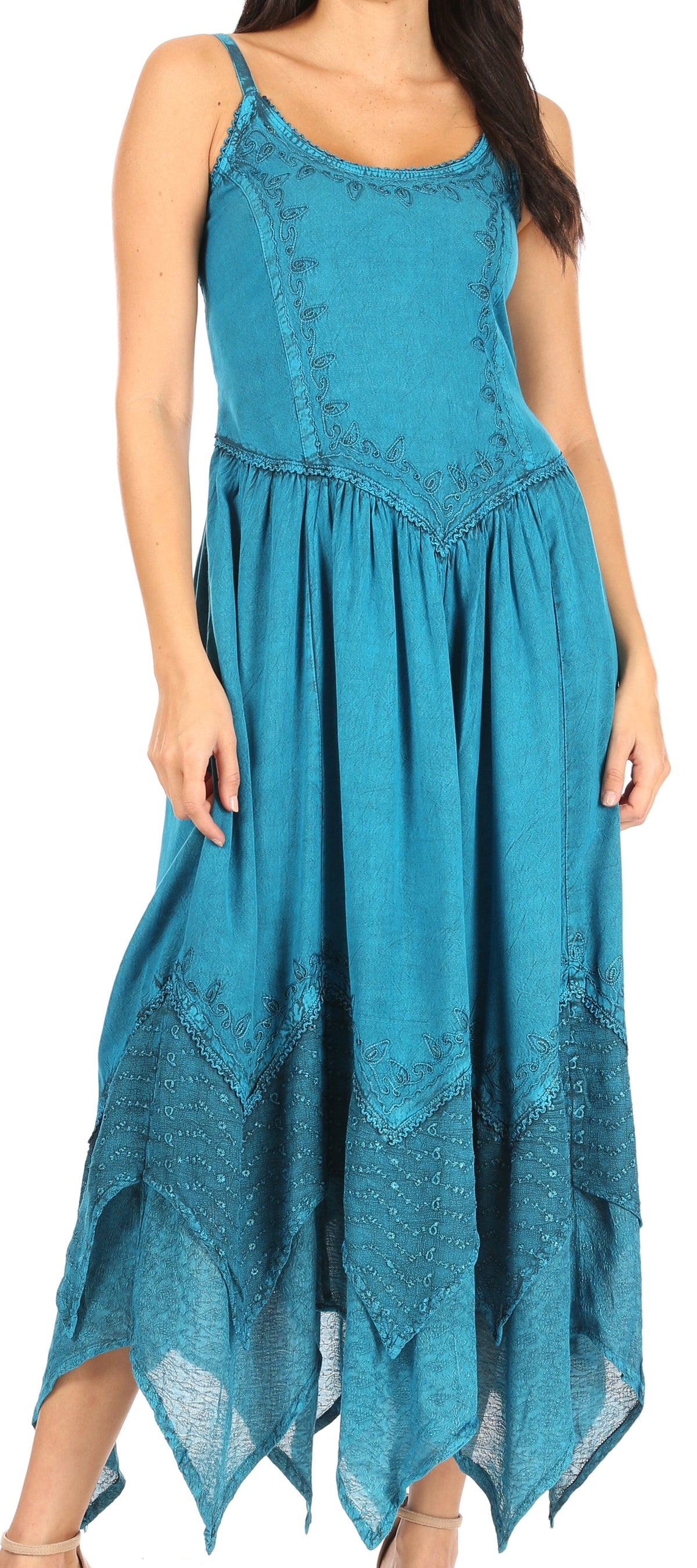 Turquoise long spaghetti-strap dress with embroidered bodice and gathered skirt tiers