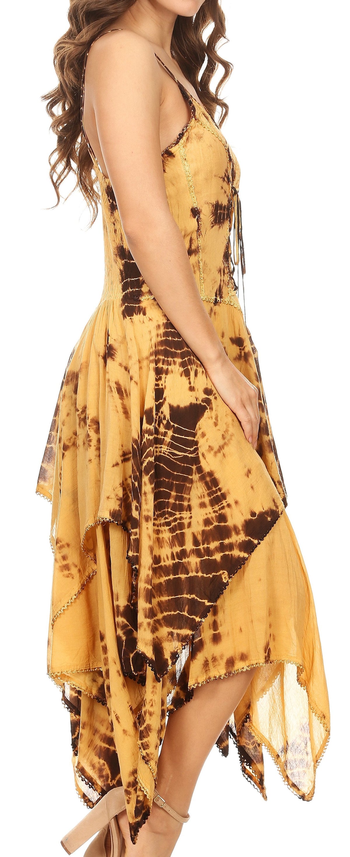 Corset bodice handkerchief hem dress with spaghetti straps, side view; golden tie-dye pattern