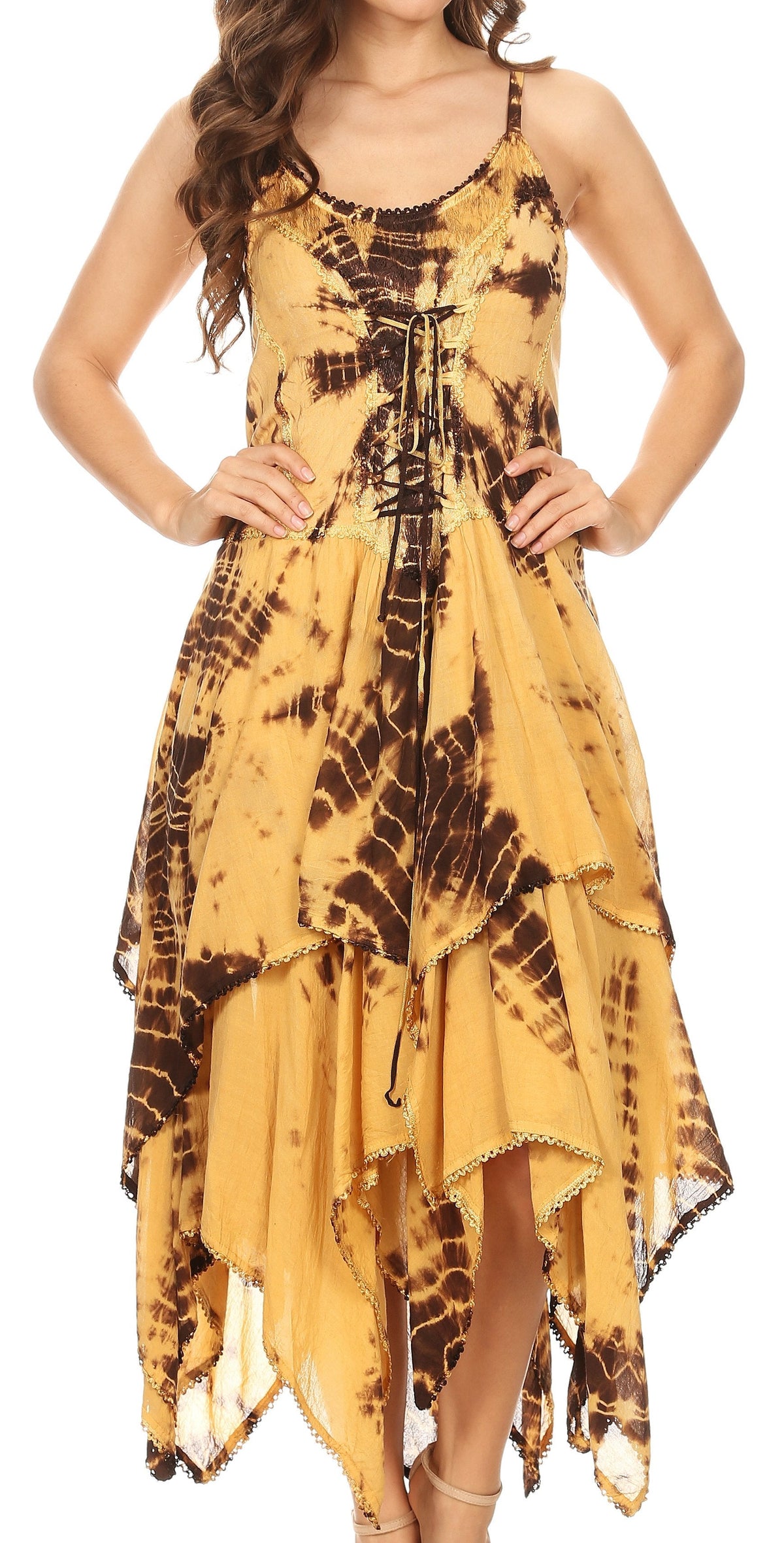 Corset bodice handkerchief hem dress with spaghetti straps, golden tie-dye and layered hem