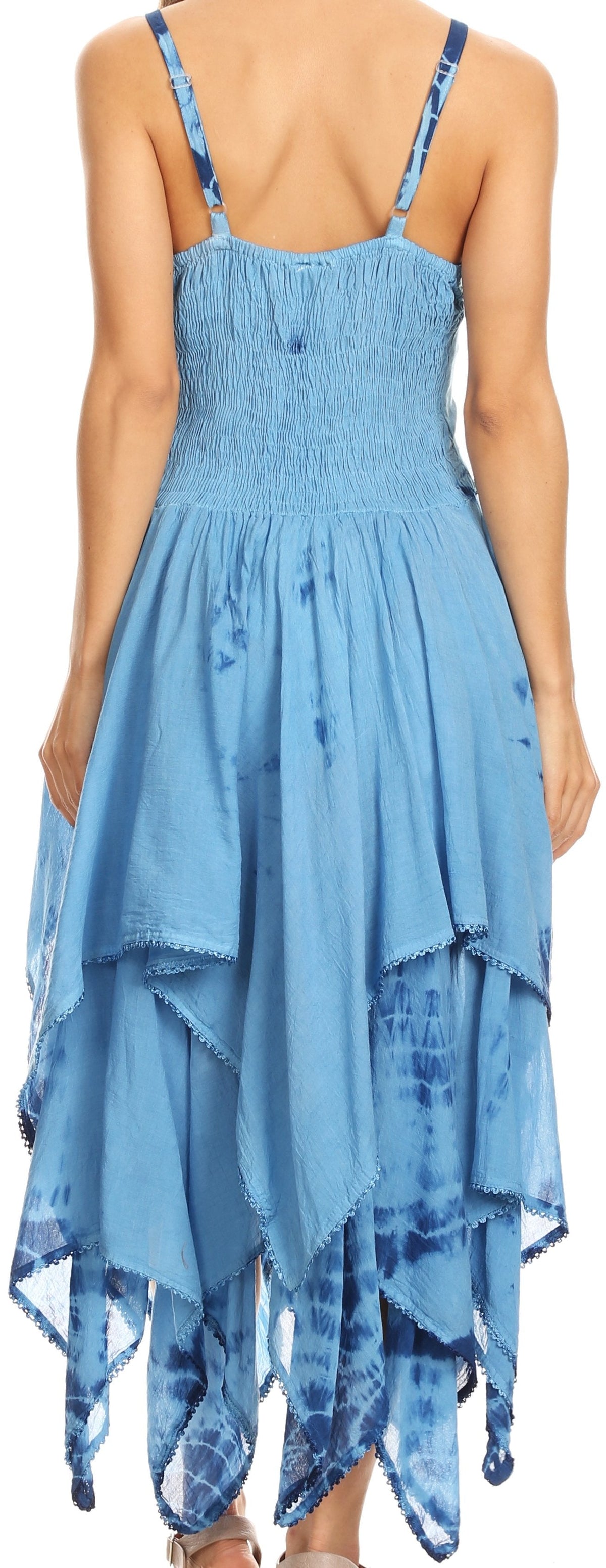 Blue back view corset bodice handkerchief hem dress with tiered layered skirt