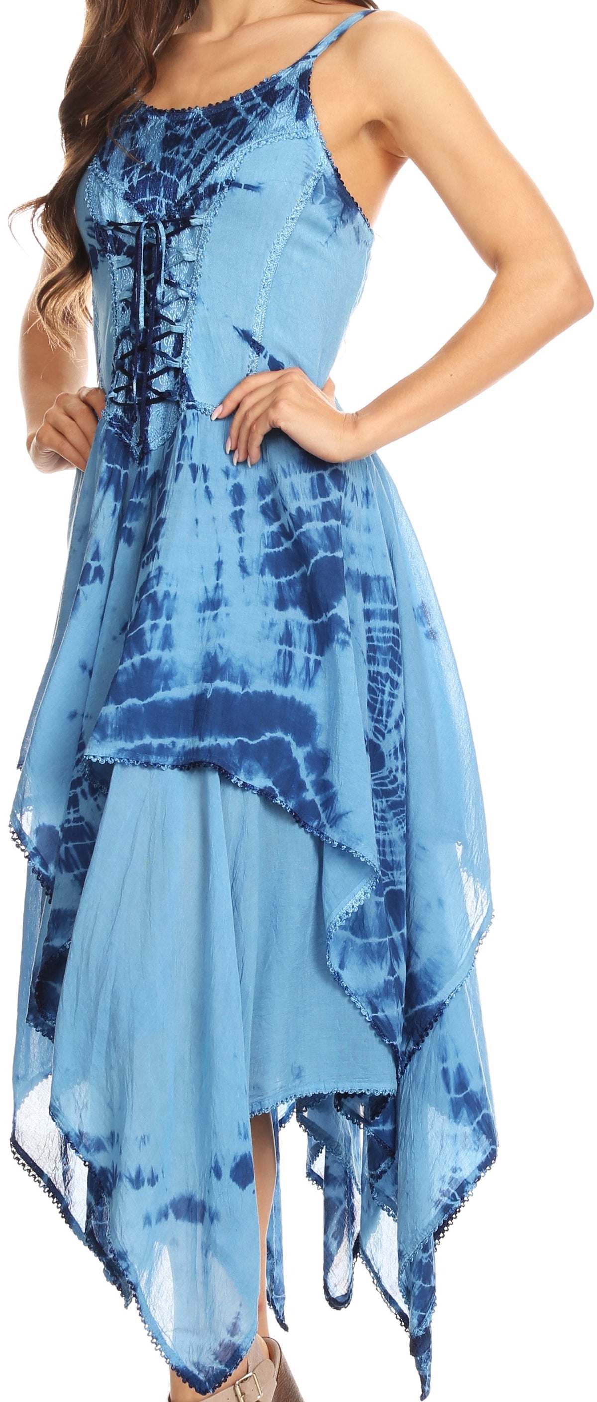 Blue lace-up corset bodice handkerchief hem dress with ruffled tiered overlay