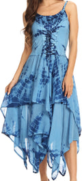 Blue corset bodice handkerchief hem dress with lace-up front and layered skirt