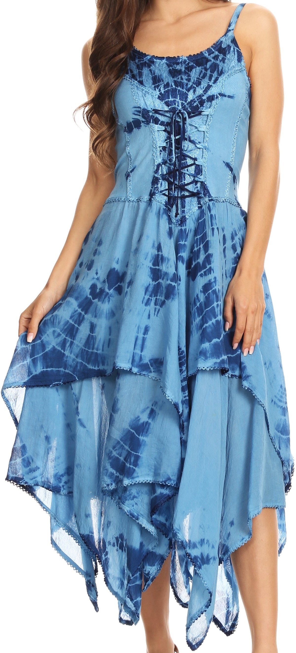 Blue corset bodice handkerchief hem dress with lace-up front and layered skirt