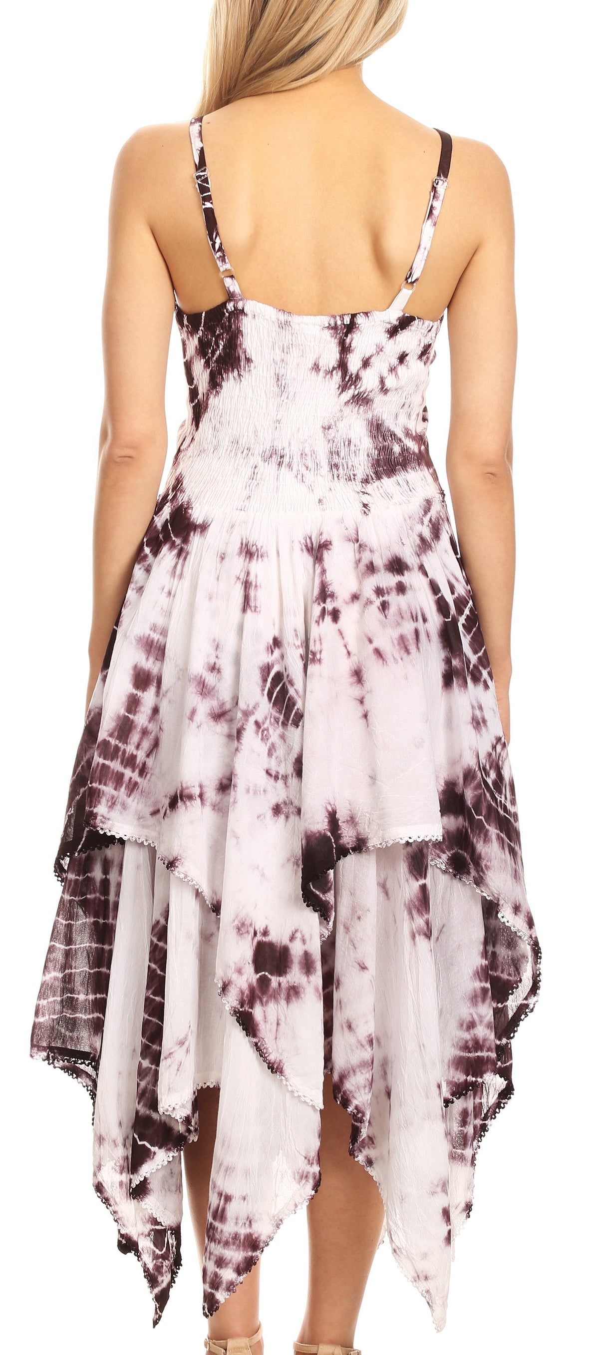 Back view corset bodice handkerchief hem dress with tie-dye print, spaghetti straps