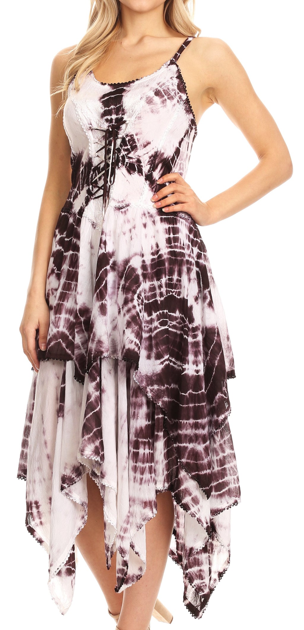 Front view corset bodice handkerchief hem dress with tie-dye print, spaghetti straps