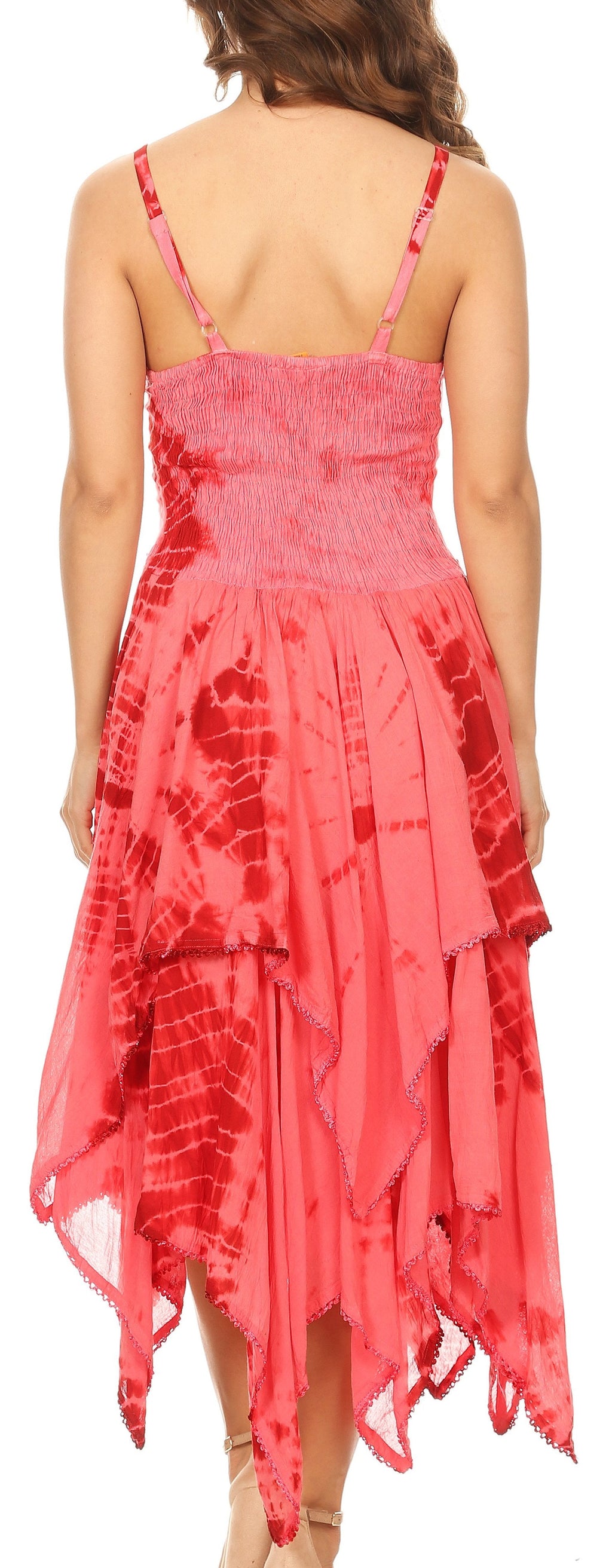 Red tie-strap corset-style dress with handkerchief hem, back view