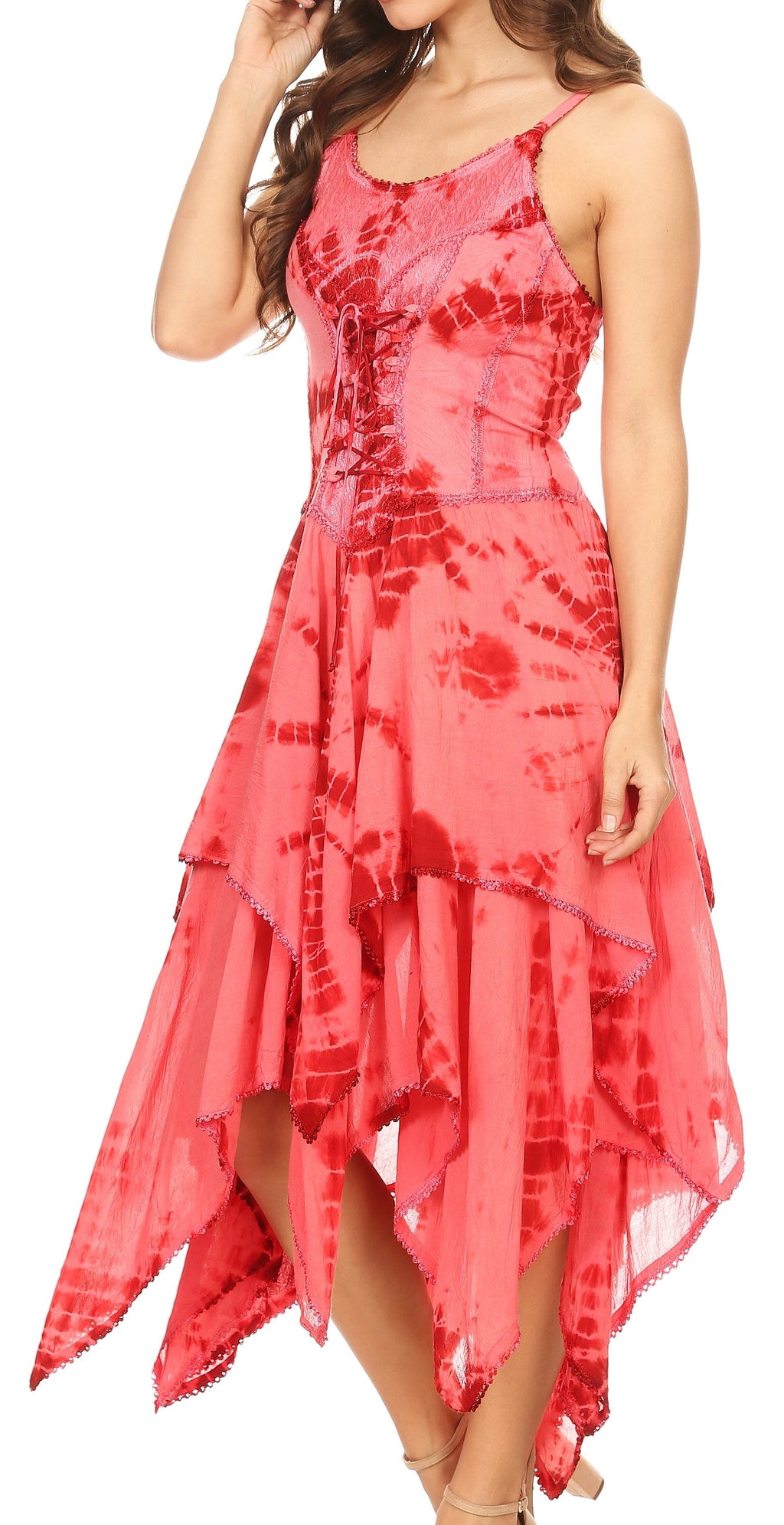 Red sleeveless corset bodice dress with tie straps and layered handkerchief hem