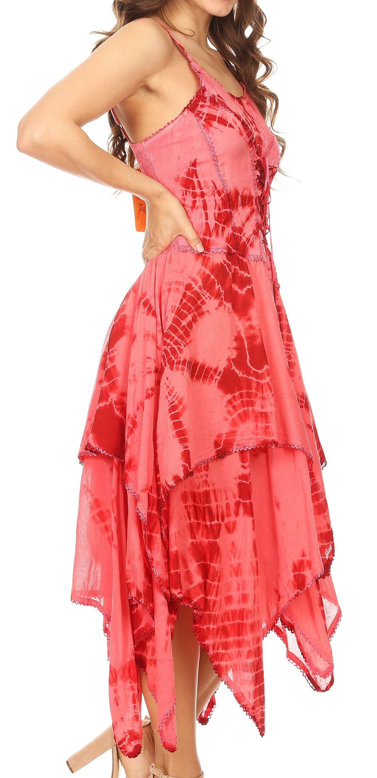 Red corset-style handkerchief hem dress, side view, thin tie straps