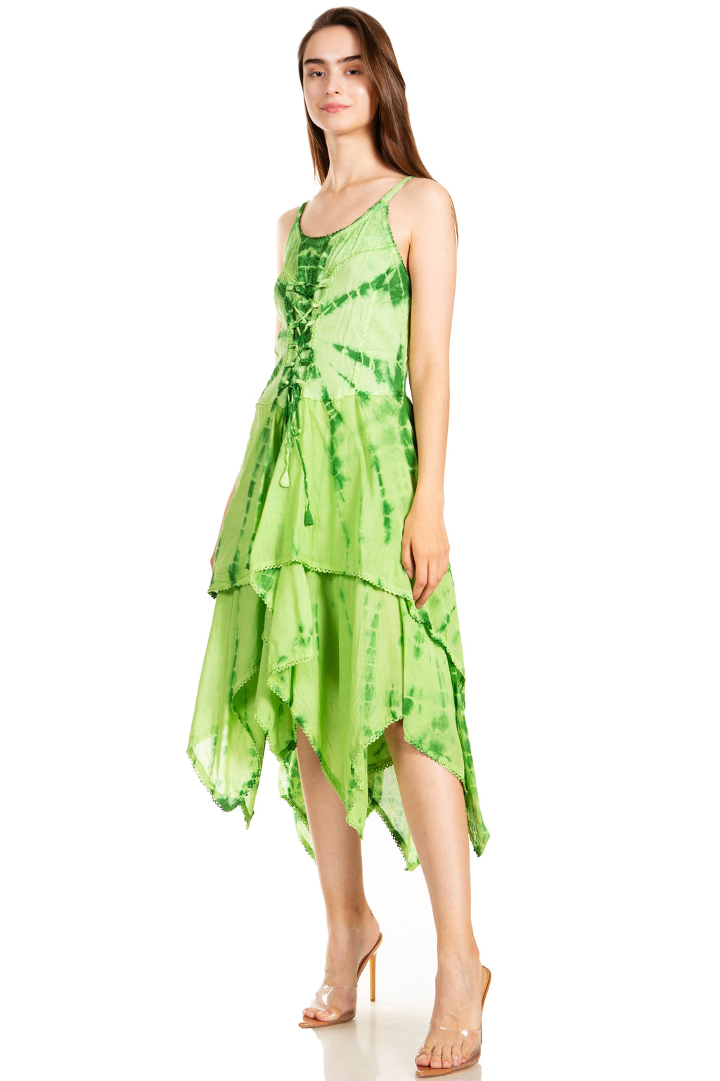 Green corset bodice handkerchief hem dress with tiered layered skirt and handkerchief hem