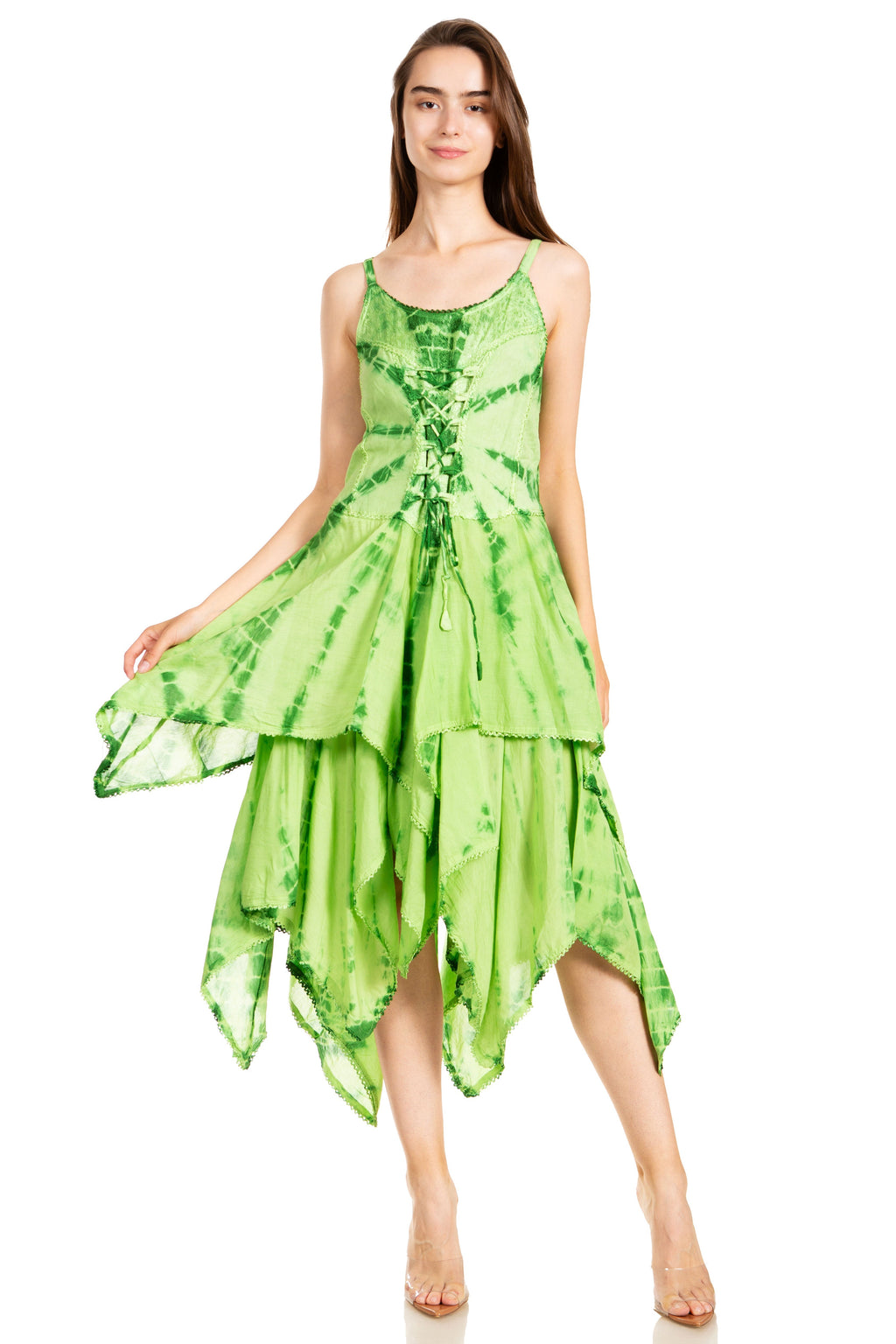 Green corset bodice handkerchief hem dress with ruffled tiers and draped handkerchief hem