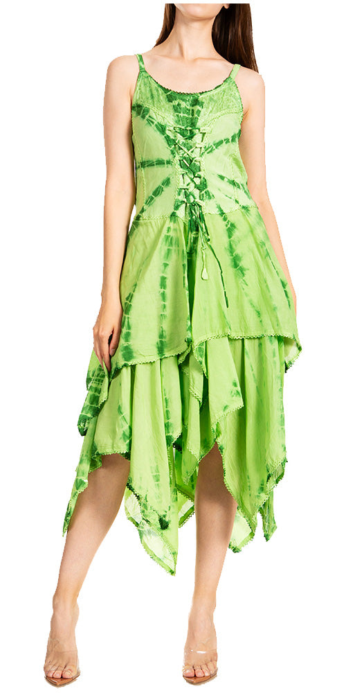 Green corset bodice handkerchief hem dress with lace-up front and tiered ruffles