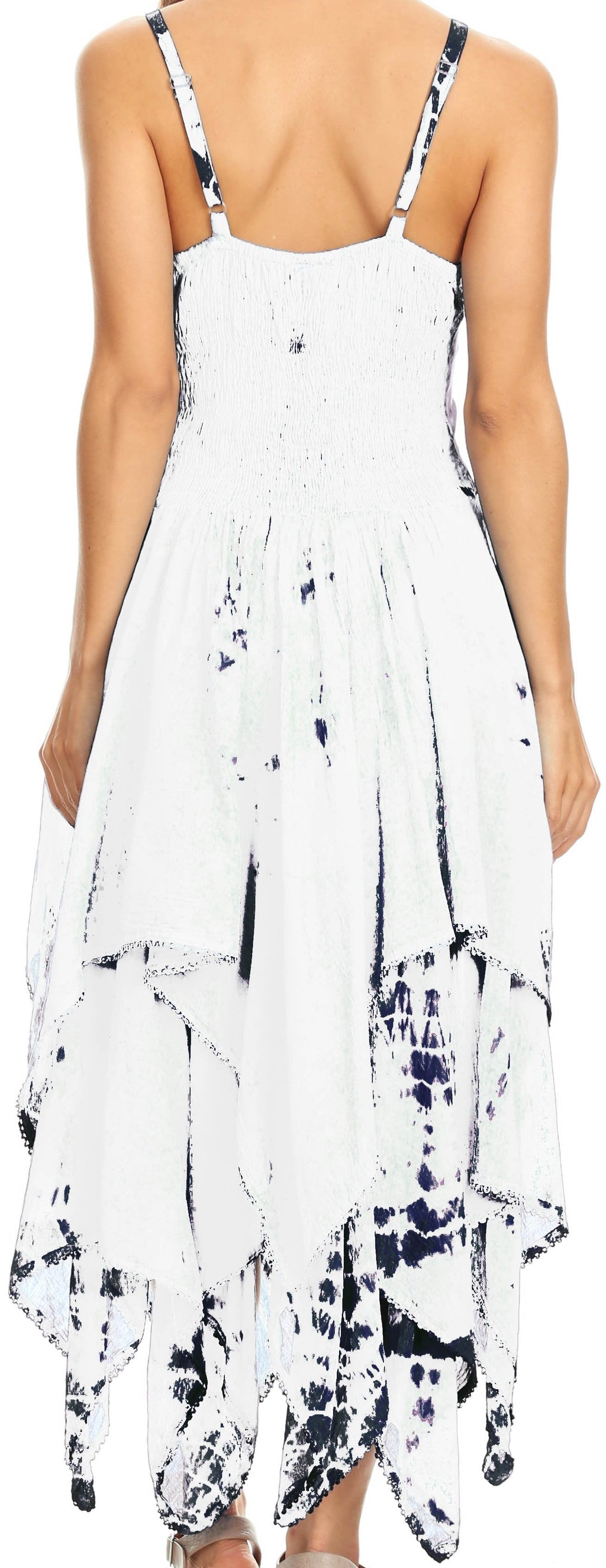 White with navy splatter corset dress with tie straps and handkerchief hem