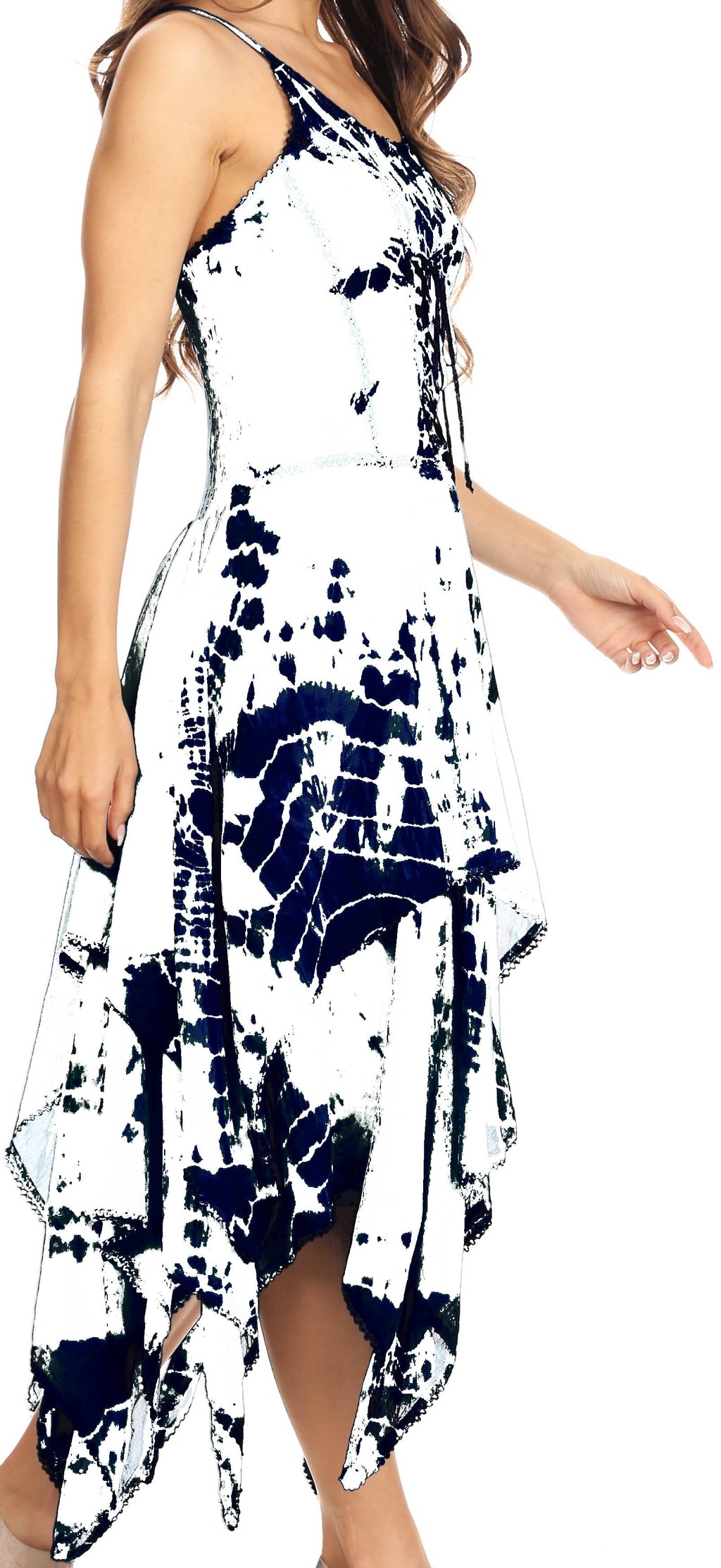 White and navy patterned corset-style midi dress with handkerchief hem