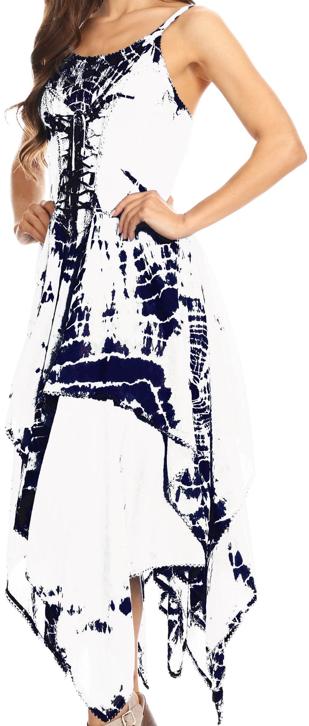 White and navy tie-dye corset dress with thin straps and handkerchief hem