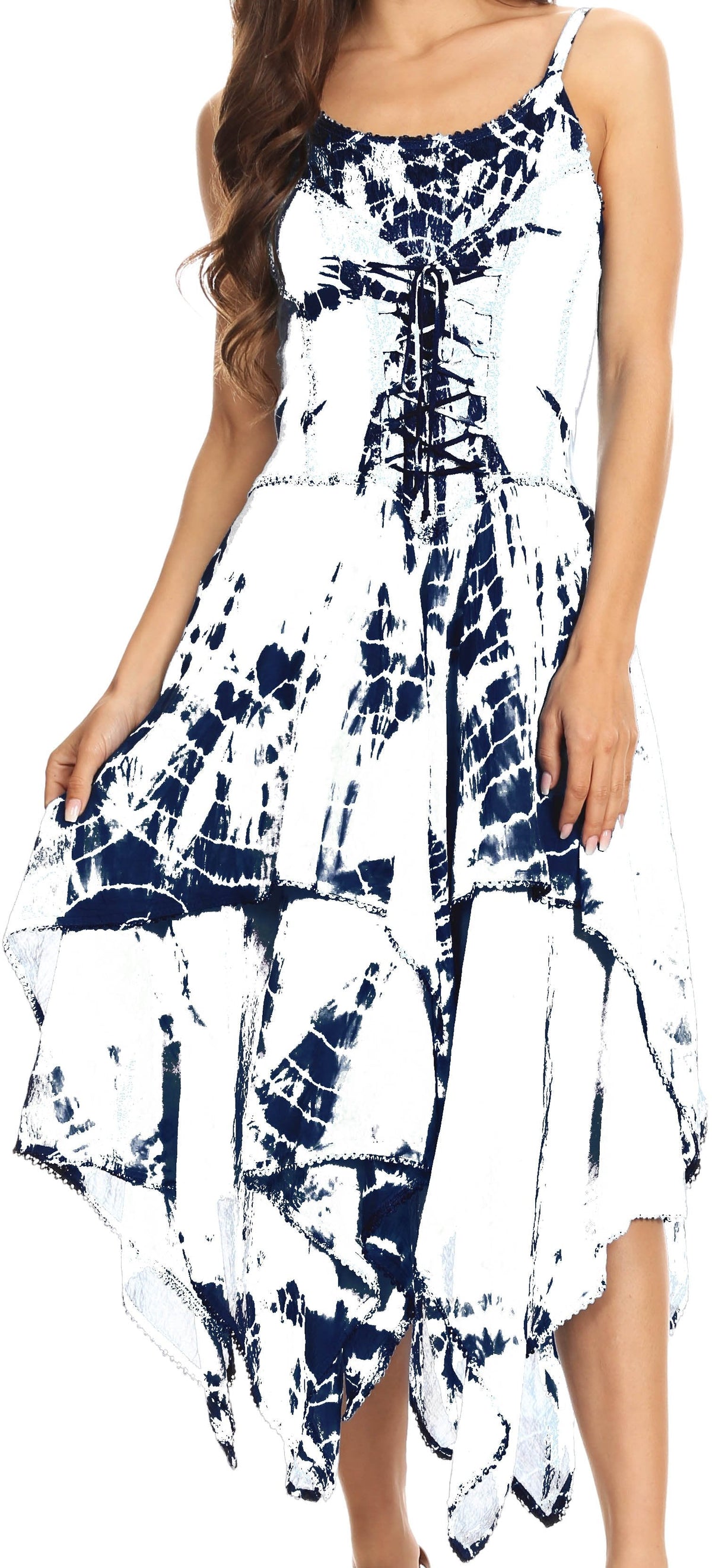 White and navy tie-dye corset-style dress with handkerchief hem, thin straps