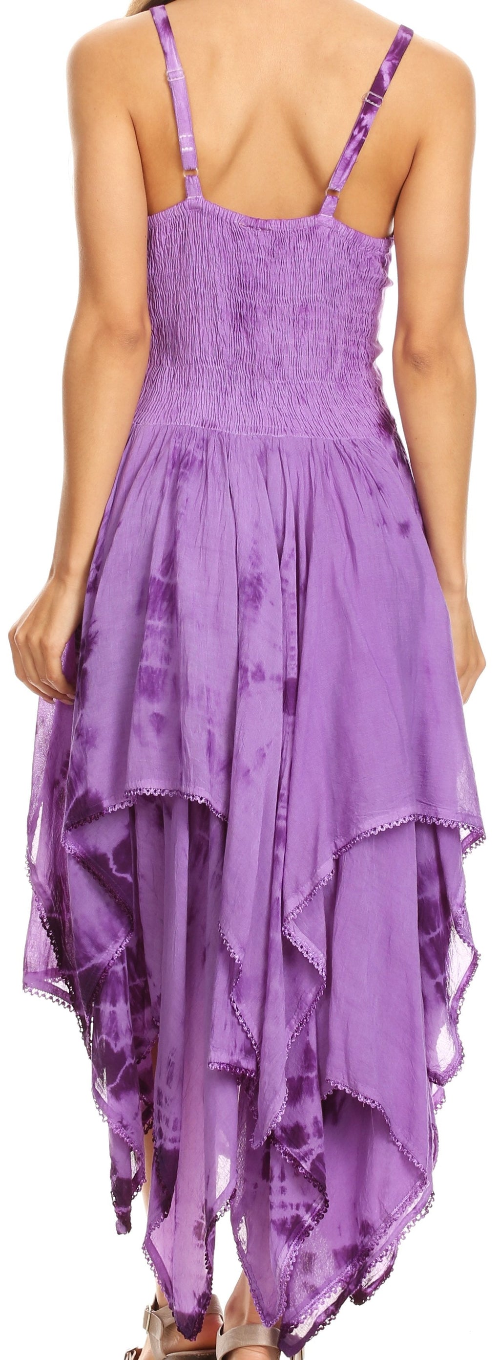 Corset bodice handkerchief hem dress, sleeveless backless, purple tie-dye layered hem