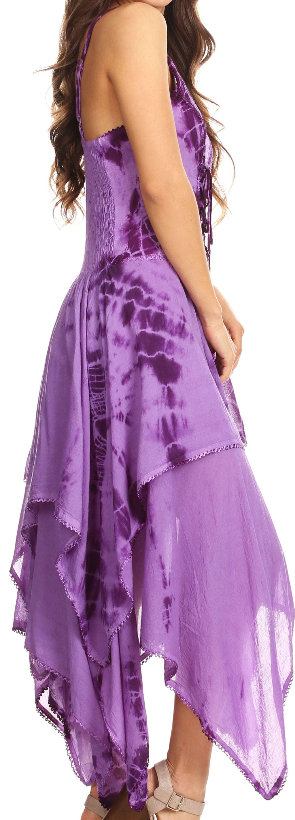 Corset bodice handkerchief hem dress, sleeveless side view, purple tie-dye with draped layers