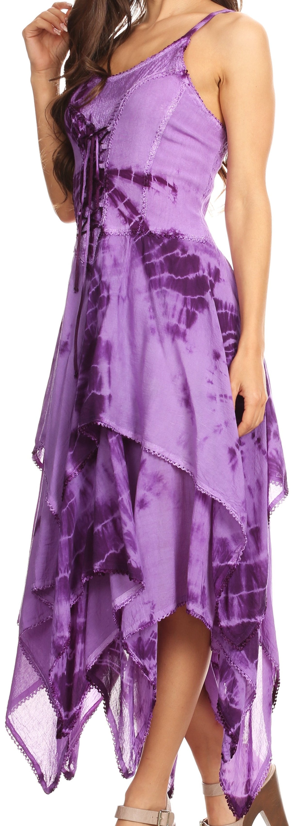 Corset bodice handkerchief hem dress, sleeveless, purple tie-dye with angled layered hem