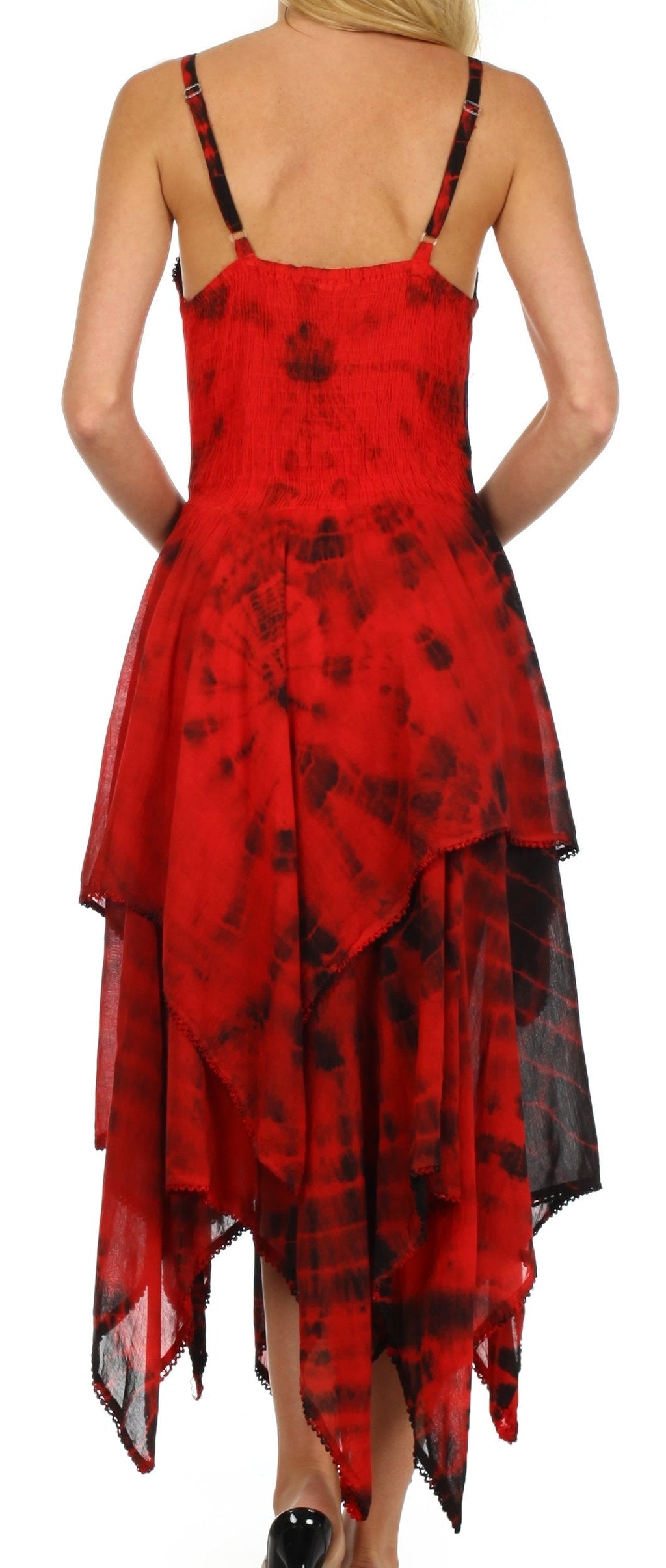 Corset bodice handkerchief hem dress, sleeveless back view, red and black tie-dye layered hem