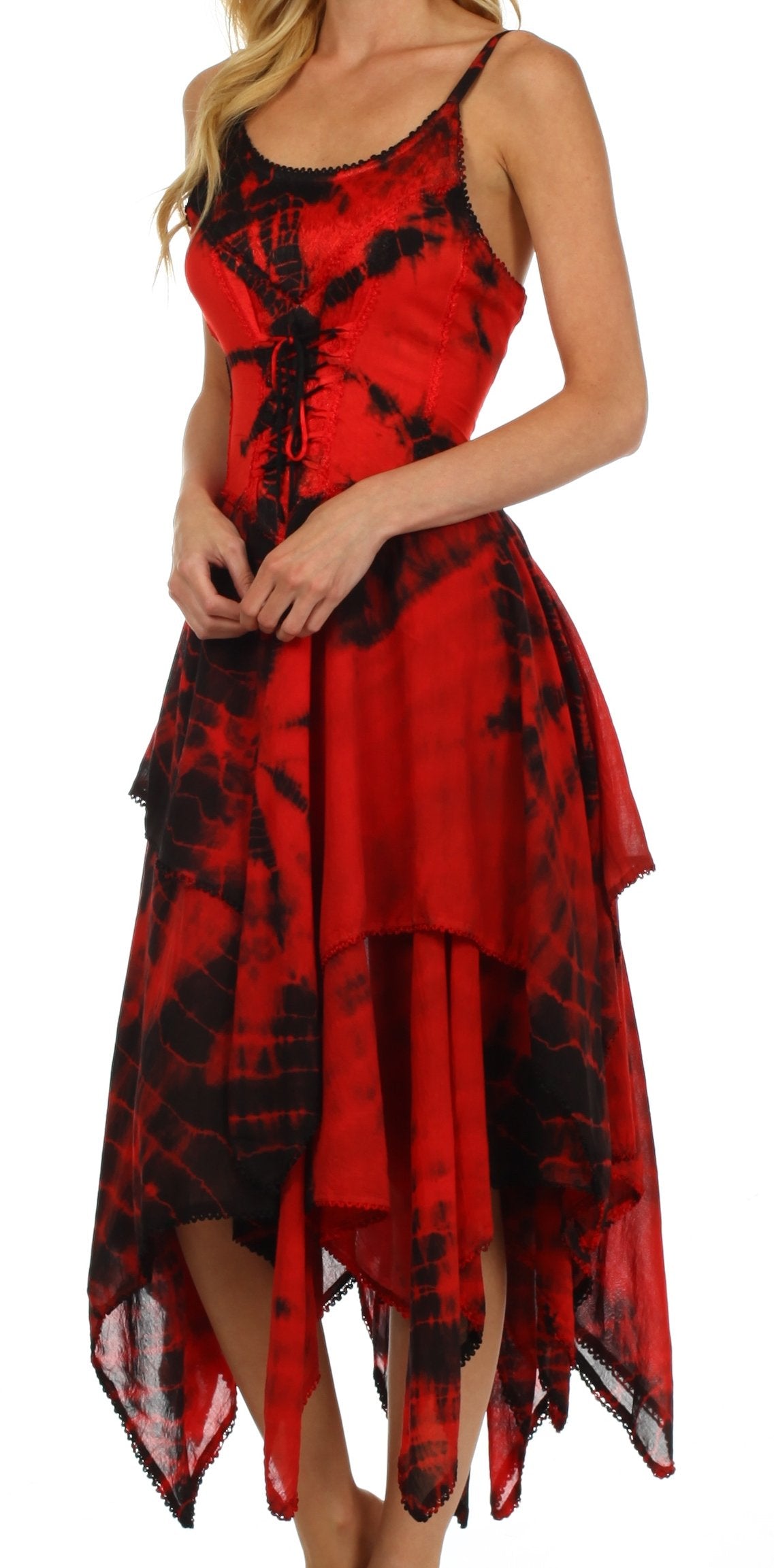 Corset bodice handkerchief hem dress, sleeveless, red and black tie-dye with handkerchief layers