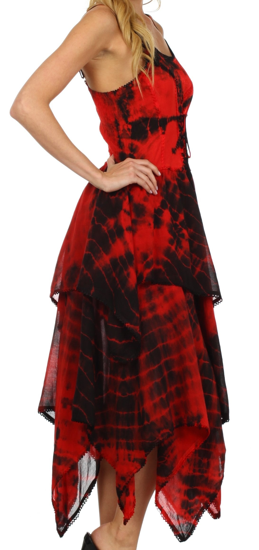 Corset bodice handkerchief hem dress, sleeveless side view, red and black tie-dye draped panels