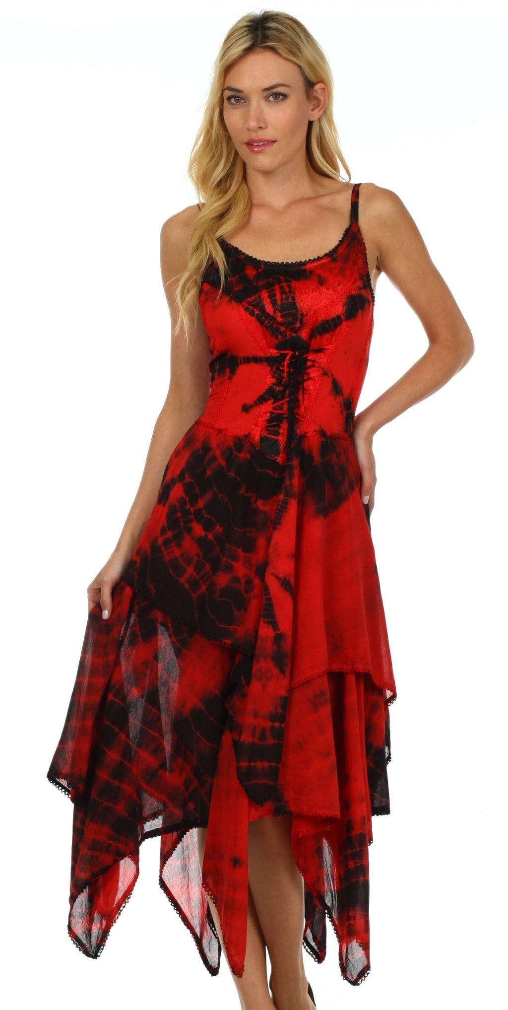 Corset bodice handkerchief hem dress, sleeveless front, red and black tie-dye layered handkerchief hem