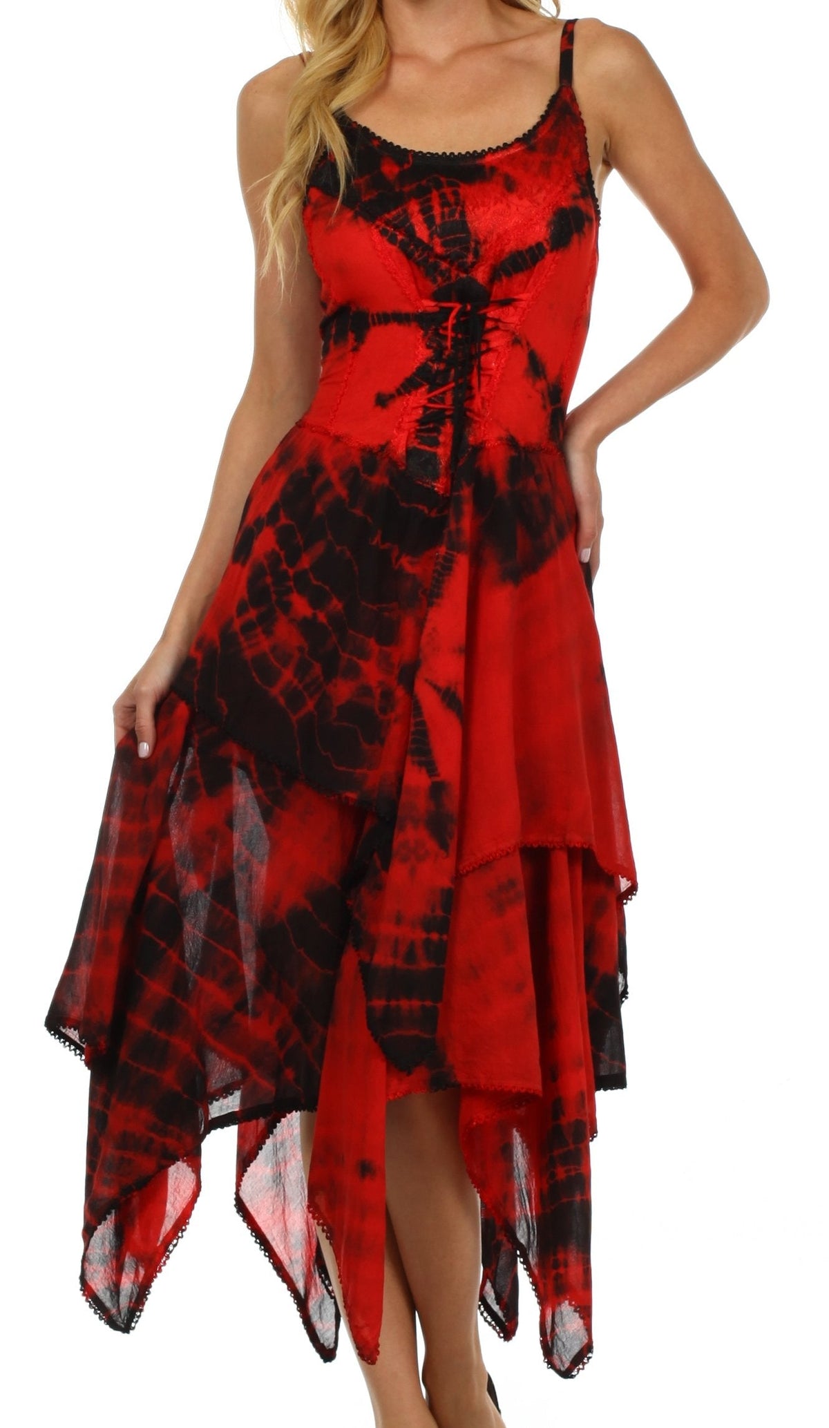 Corset bodice handkerchief hem dress, sleeveless, red and black tie-dye with layered asym hem