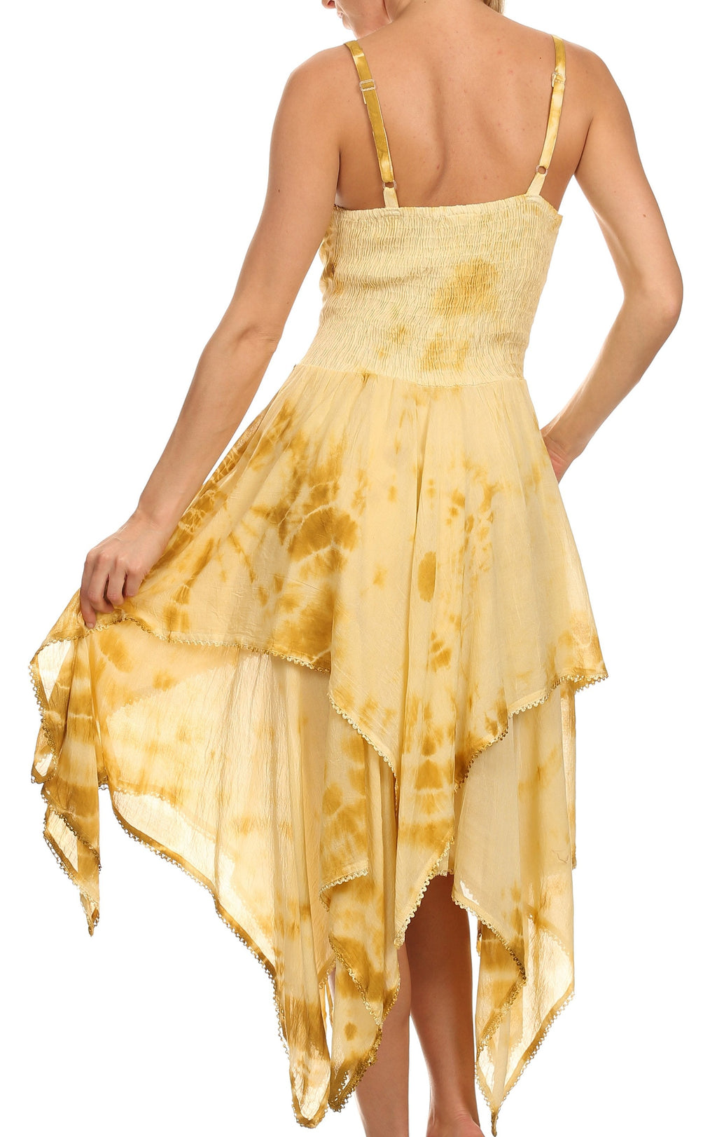 Gold tie-dye handkerchief hem dress with corset bodice, spaghetti straps (back view)