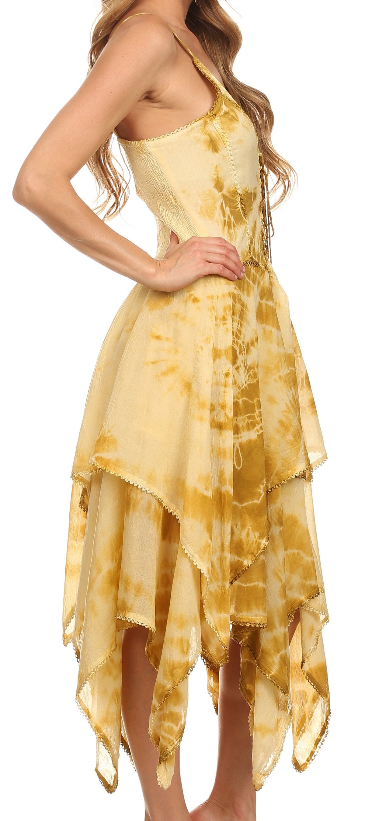Gold tie-dye corset-style dress with layered handkerchief hem and spaghetti straps