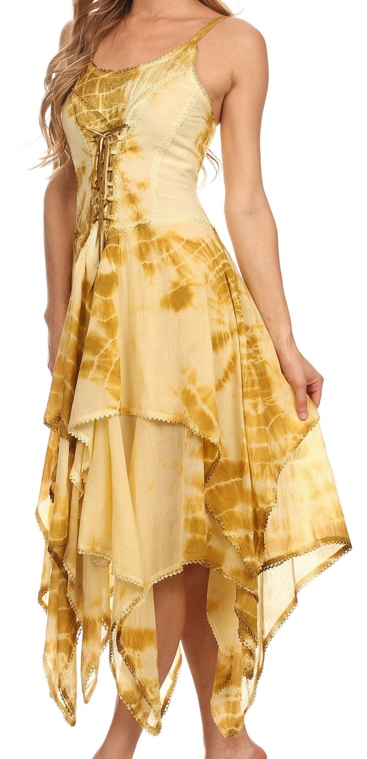 Gold tie-dye corset bodice handkerchief hem dress with spaghetti straps (side view)