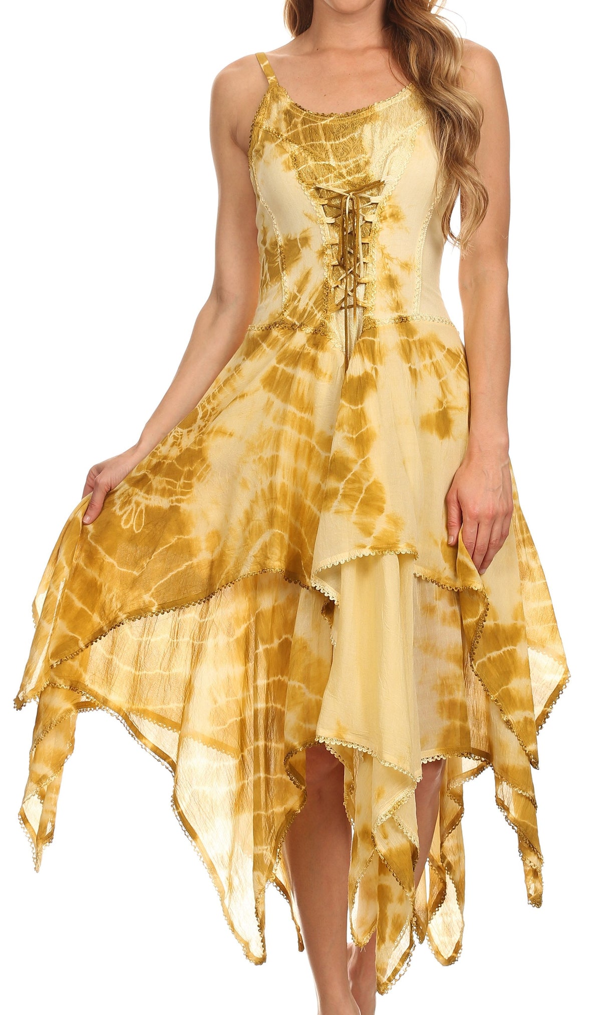 Gold tie-dye corset-style bodice dress with handkerchief hem, spaghetti straps