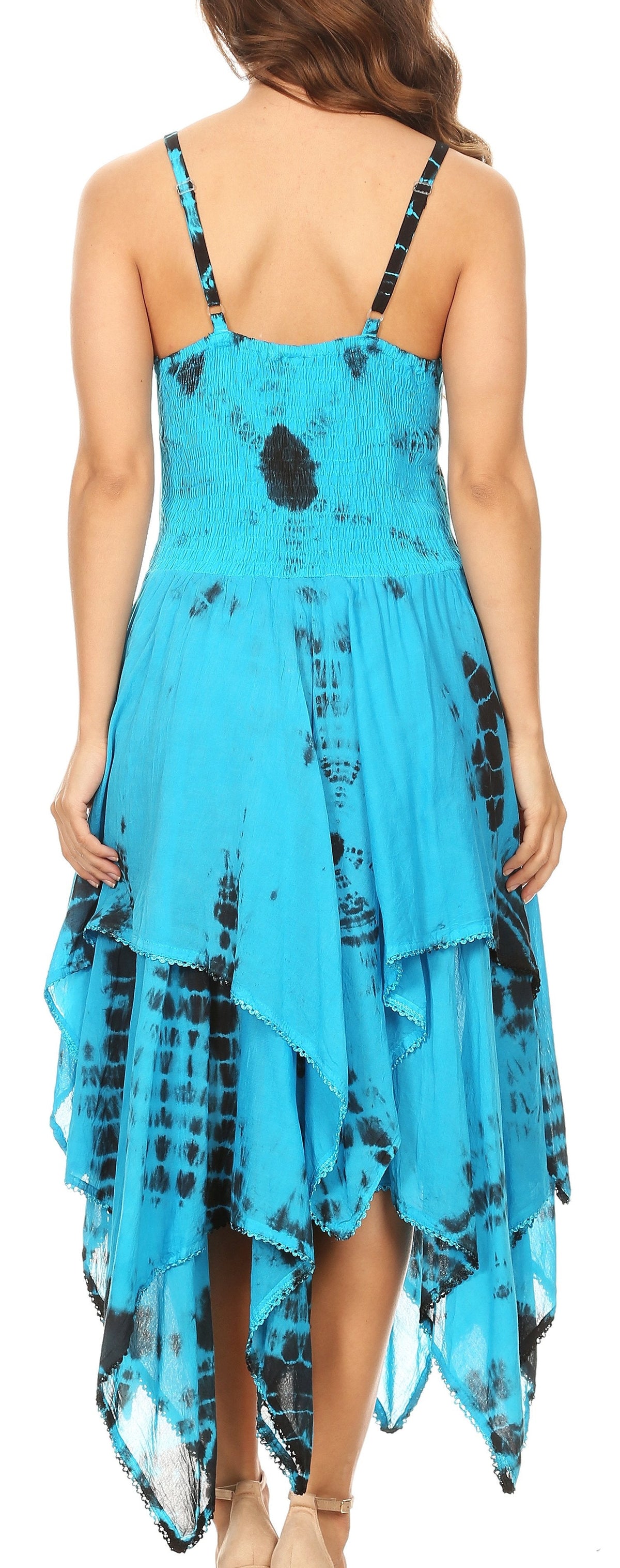 Blue tie-dye handkerchief hem dress with corset bodice and spaghetti straps (back)