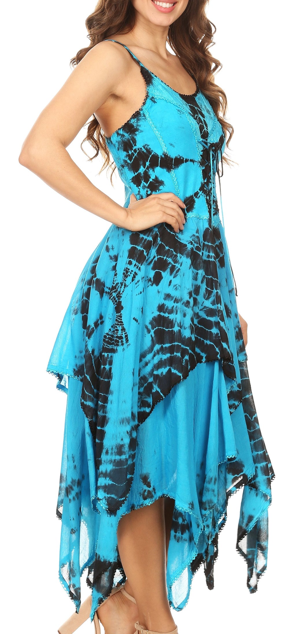 Blue tie-dye corset bodice dress with layered handkerchief hem, spaghetti straps
